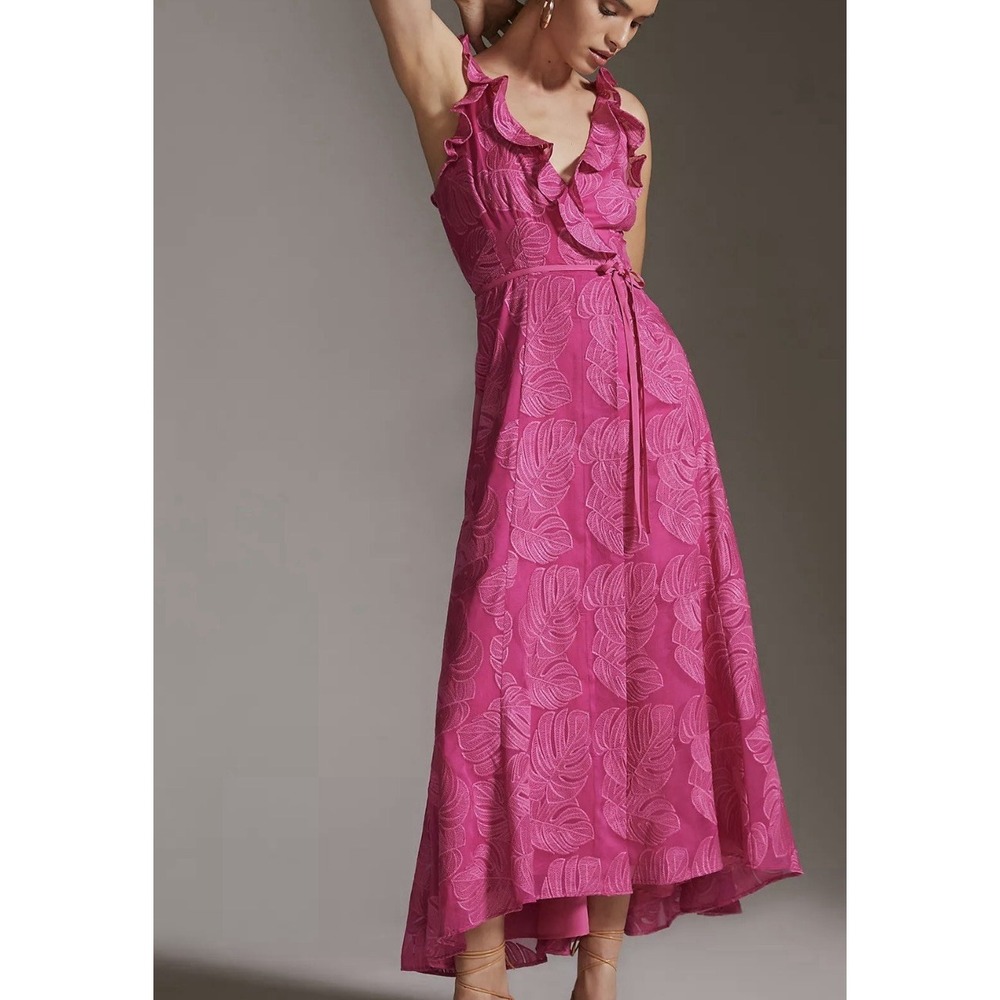 Hutch Maxi Dress Women S Pink Embroidered Ruffle Wrap Tropical Coquette Preppy